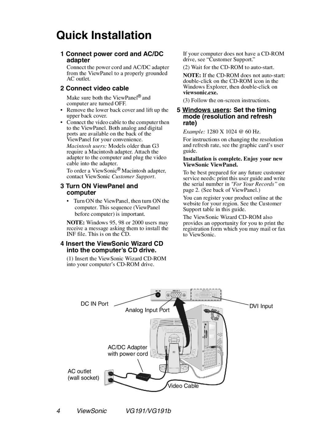 ViewSonic VG191 manual Quick Installation, Connect power cord and AC/DC adapter, Connect video cable 