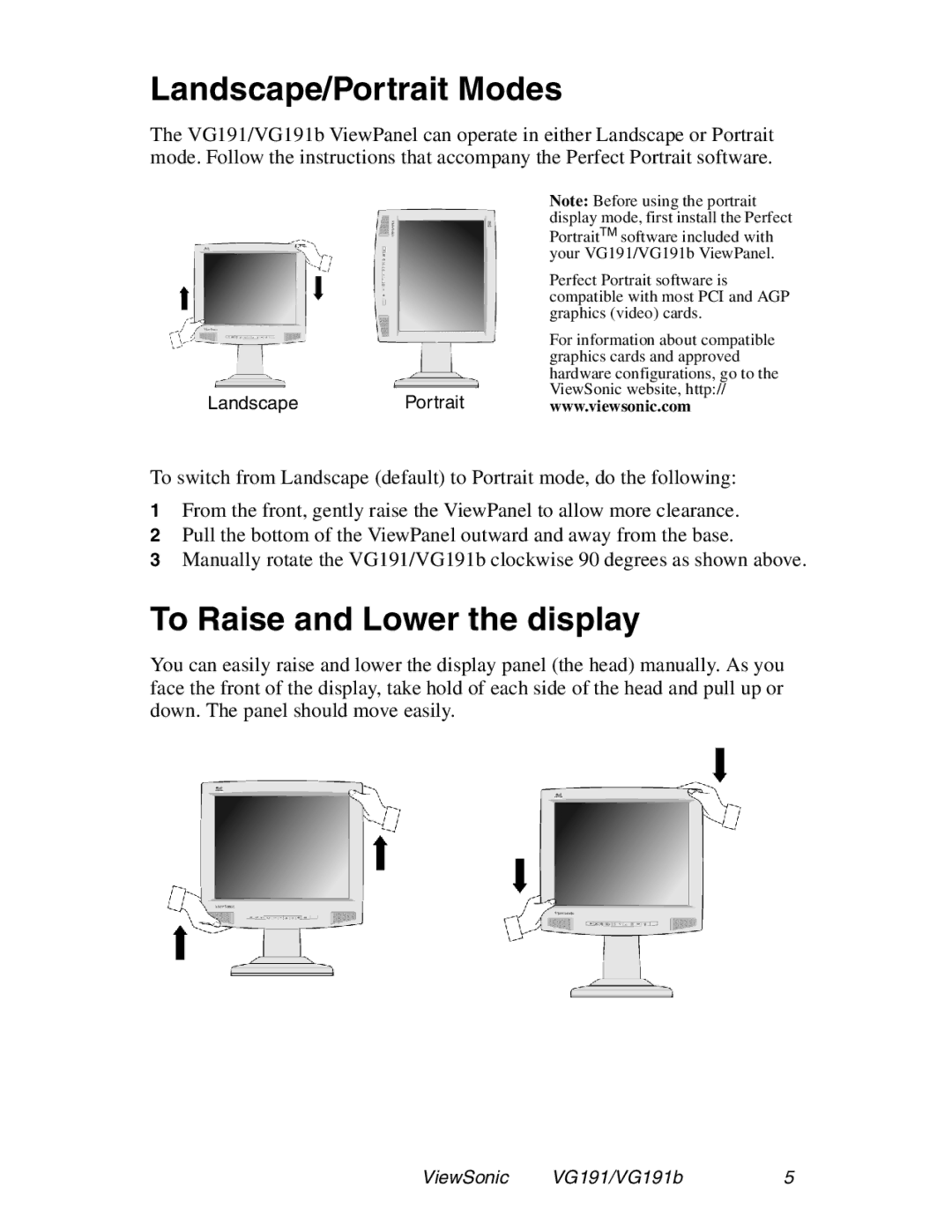 ViewSonic VG191 manual Landscape/Portrait Modes, To Raise and Lower the display 