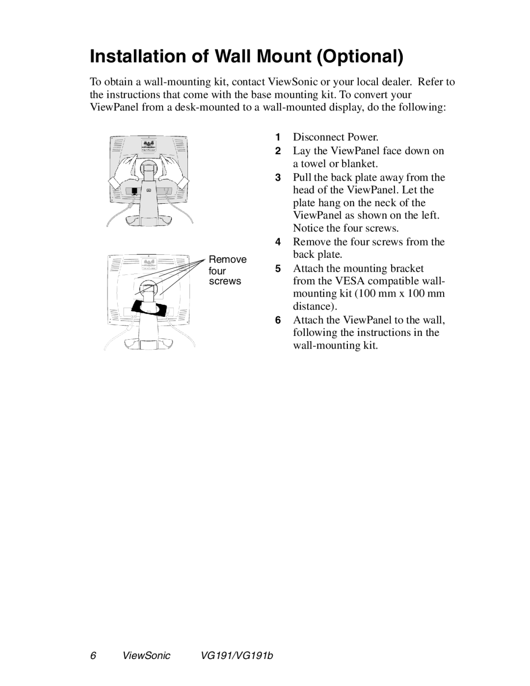 ViewSonic VG191 manual Installation of Wall Mount Optional 