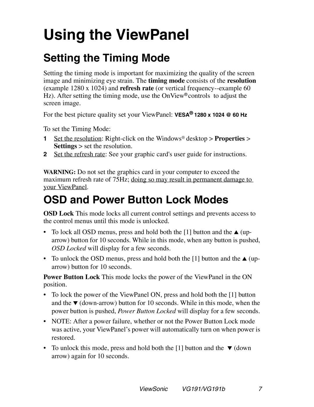 ViewSonic VG191 manual Using the ViewPanel, Setting the Timing Mode, OSD and Power Button Lock Modes 