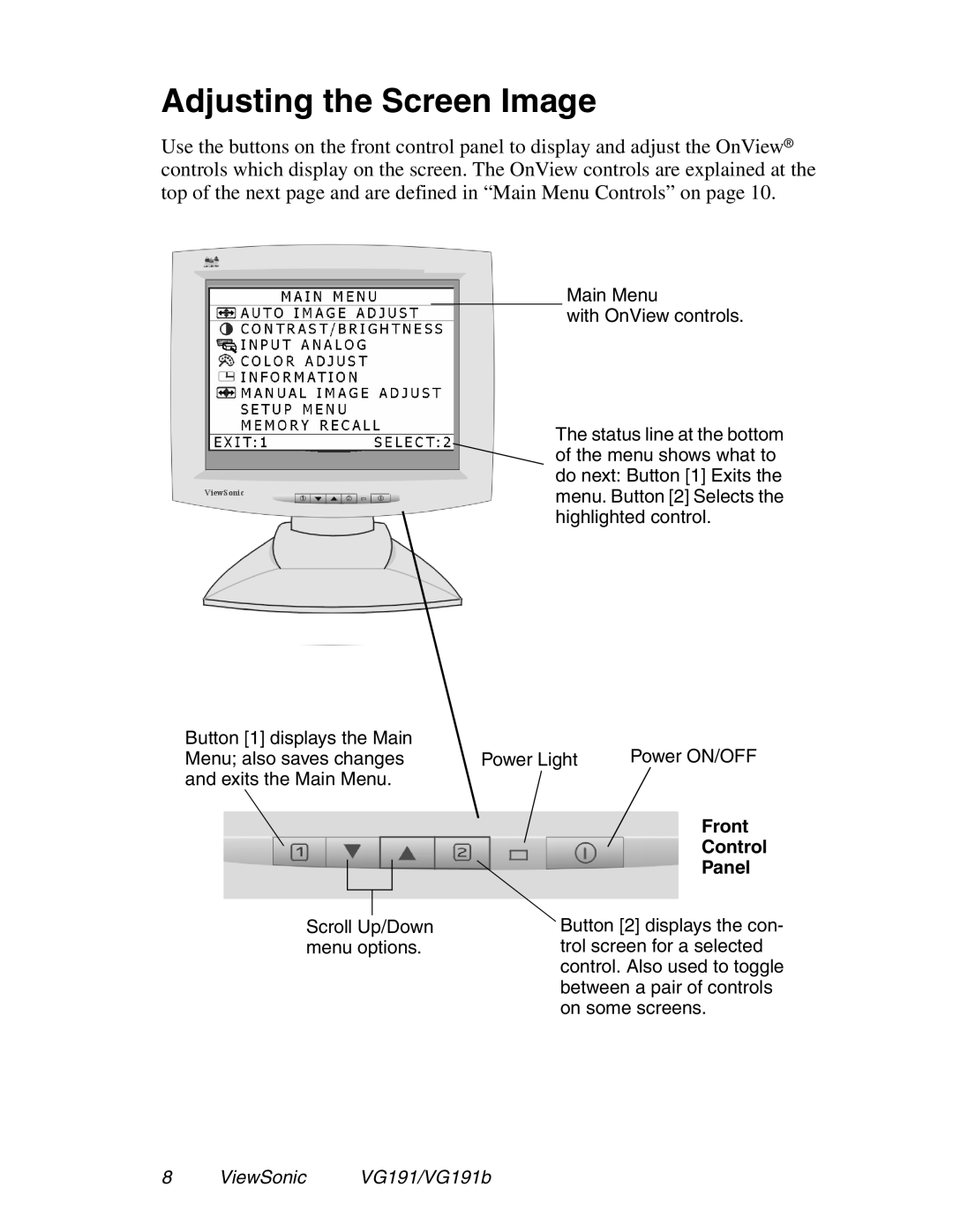 ViewSonic VG191 manual Adjusting the Screen Image, Front Control Panel 