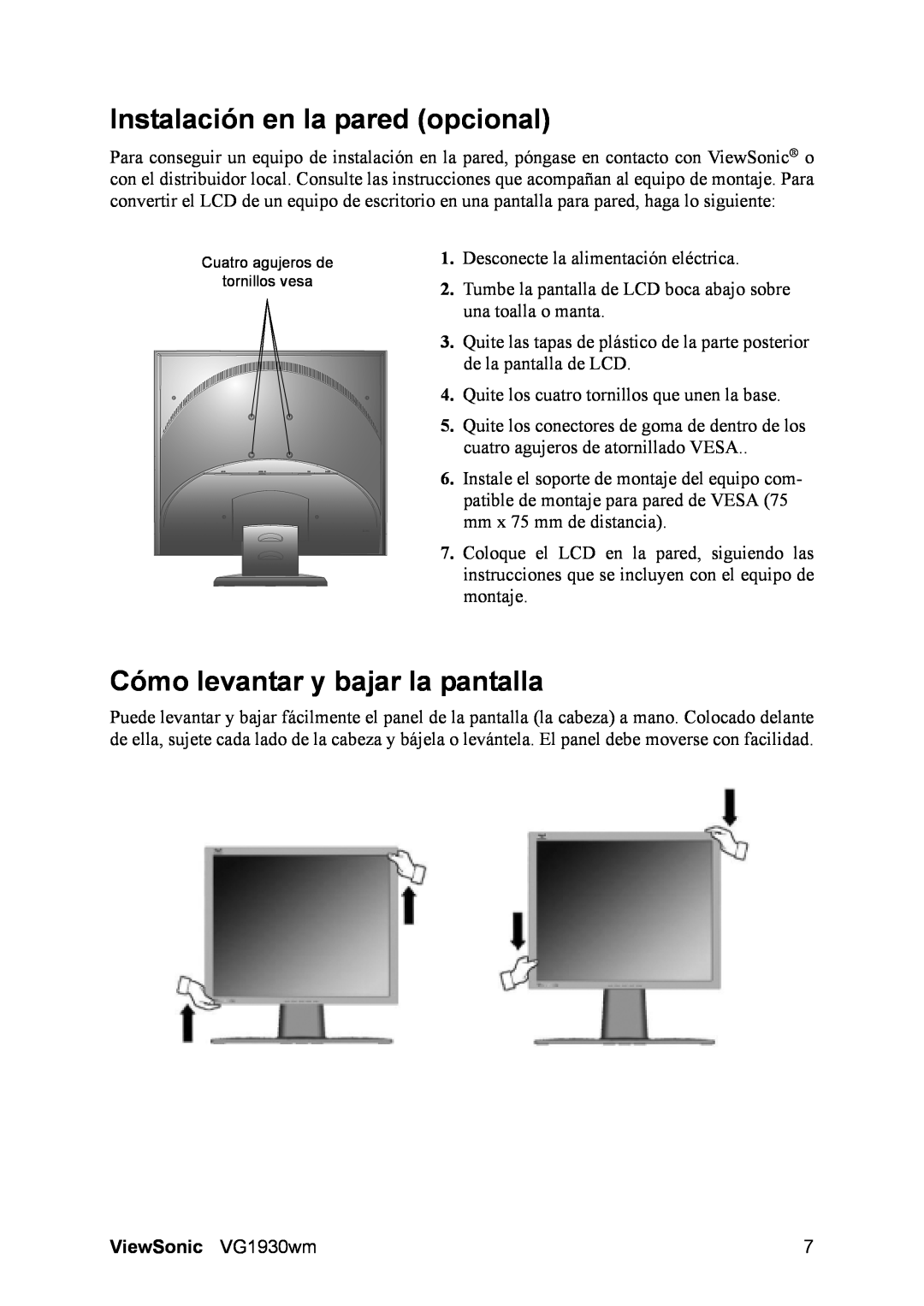 ViewSonic manual Instalación en la pared opcional, Cómo levantar y bajar la pantalla, ViewSonic VG1930wm 