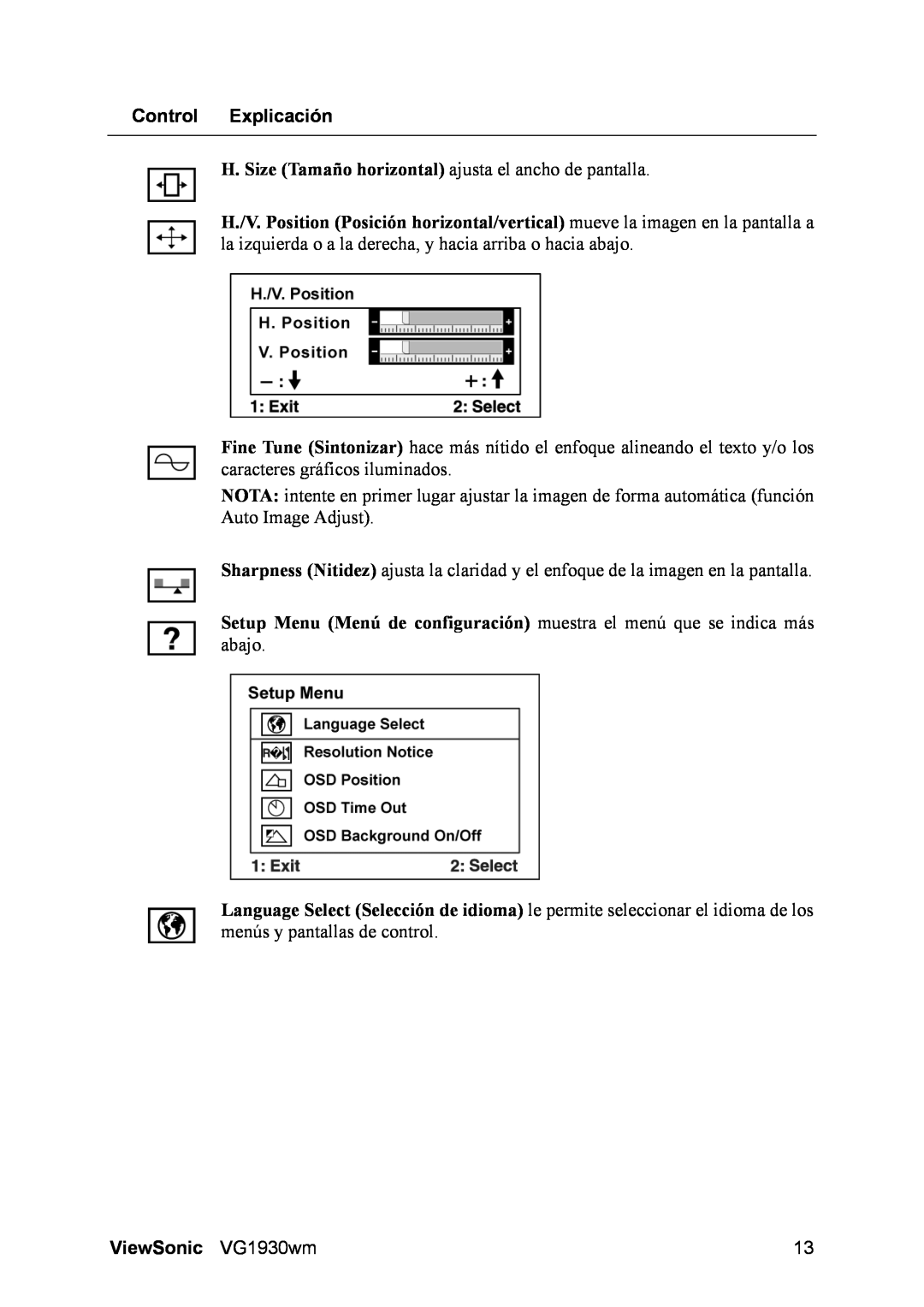 ViewSonic manual Control Explicación, H. Size Tamaño horizontal ajusta el ancho de pantalla, ViewSonic VG1930wm 