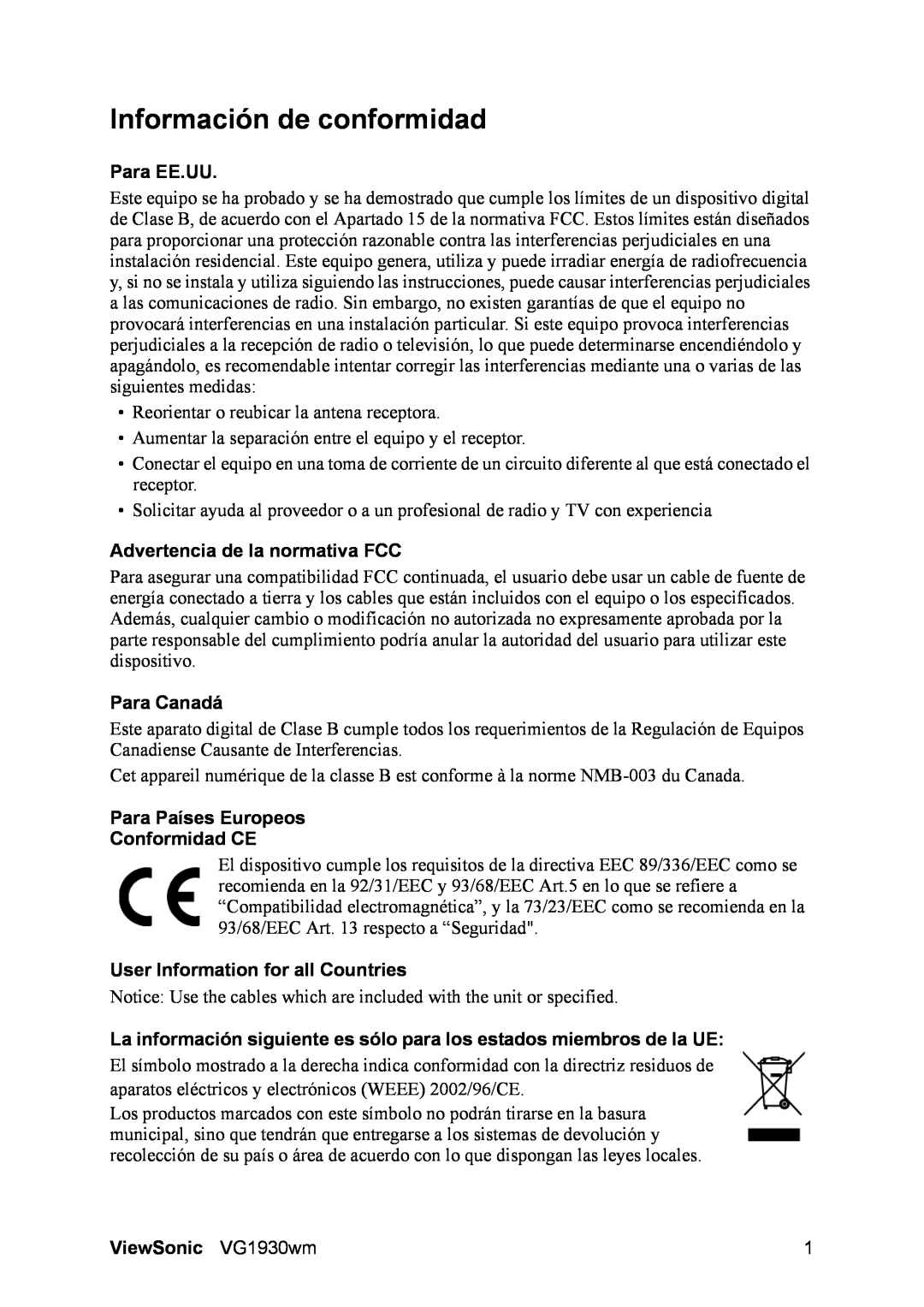 ViewSonic VG1930wm manual Información de conformidad, Para EE.UU, Advertencia de la normativa FCC, Para Canadá 