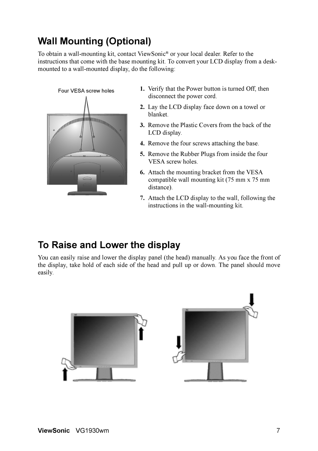 ViewSonic VG1930wm manual Wall Mounting Optional, To Raise and Lower the display 