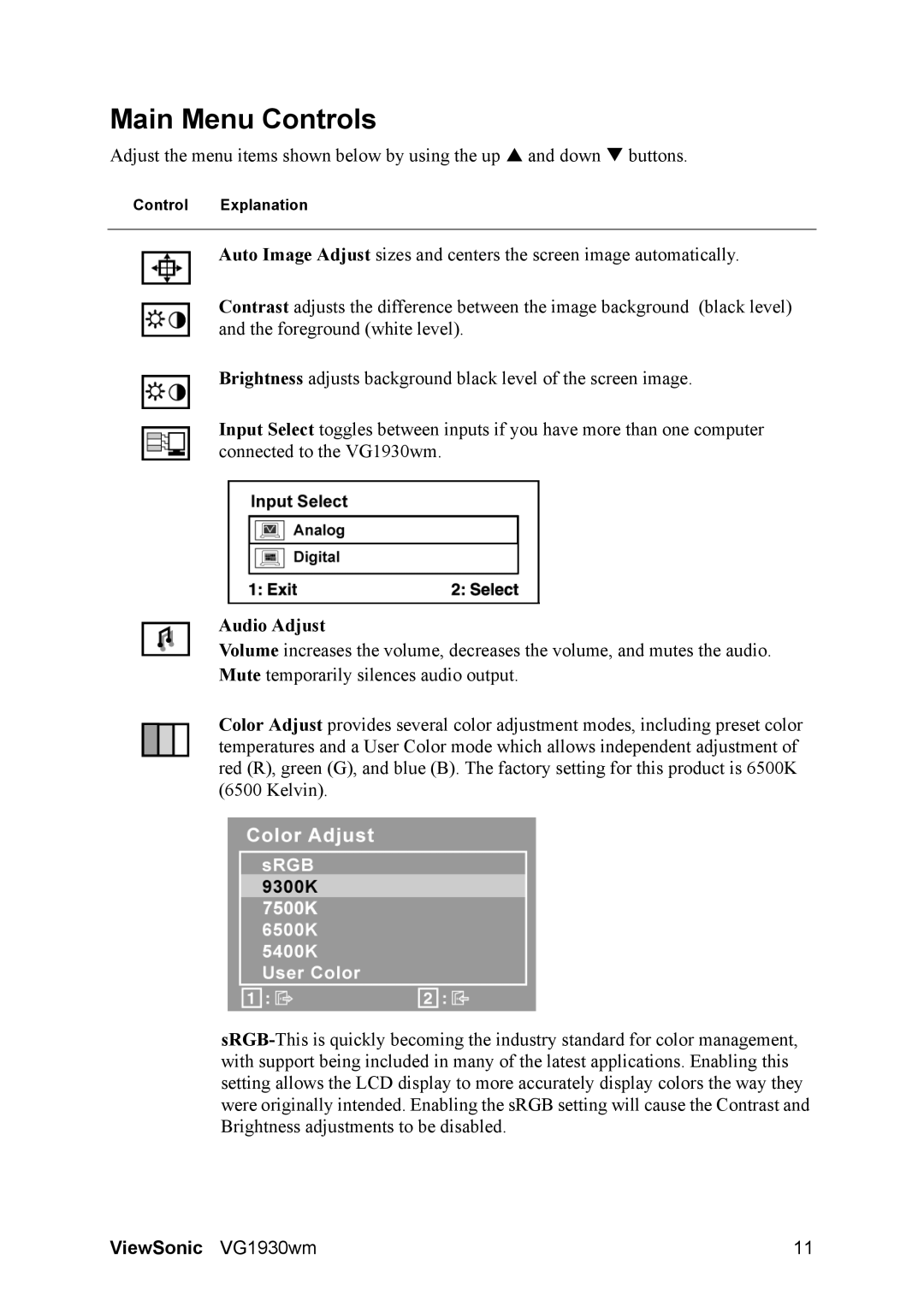 ViewSonic VG1930wm manual Main Menu Controls, Audio Adjust 