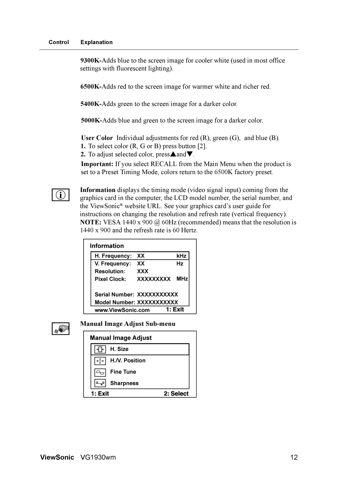 ViewSonic VG1930wm manual Manual Image Adjust Sub-menu 