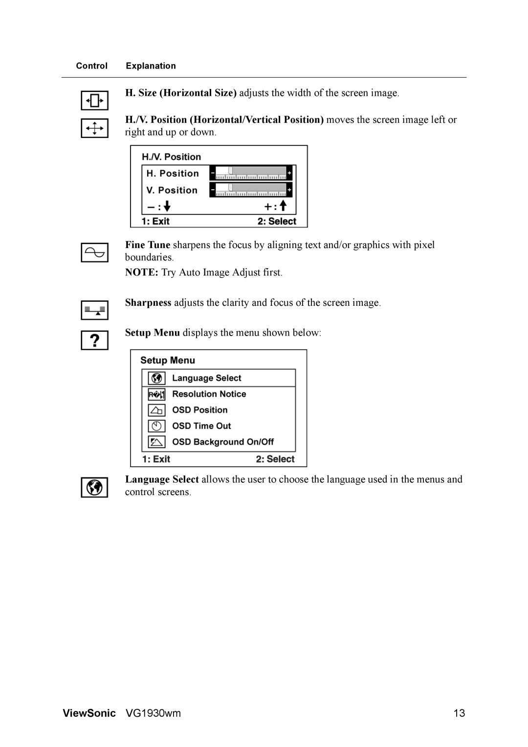 ViewSonic VG1930wm manual Size Horizontal Size adjusts the width of the screen image 