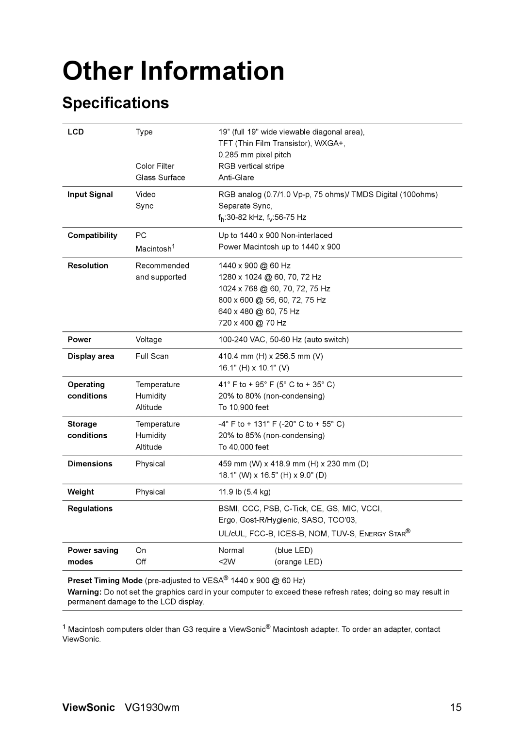 ViewSonic VG1930wm manual Other Information, Specifications 