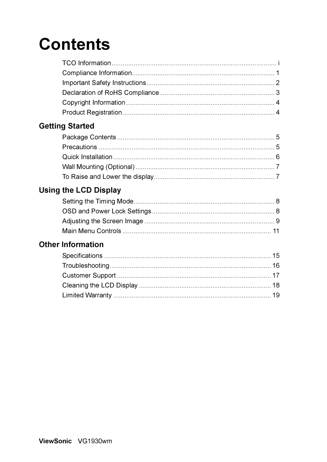 ViewSonic VG1930wm manual Contents 