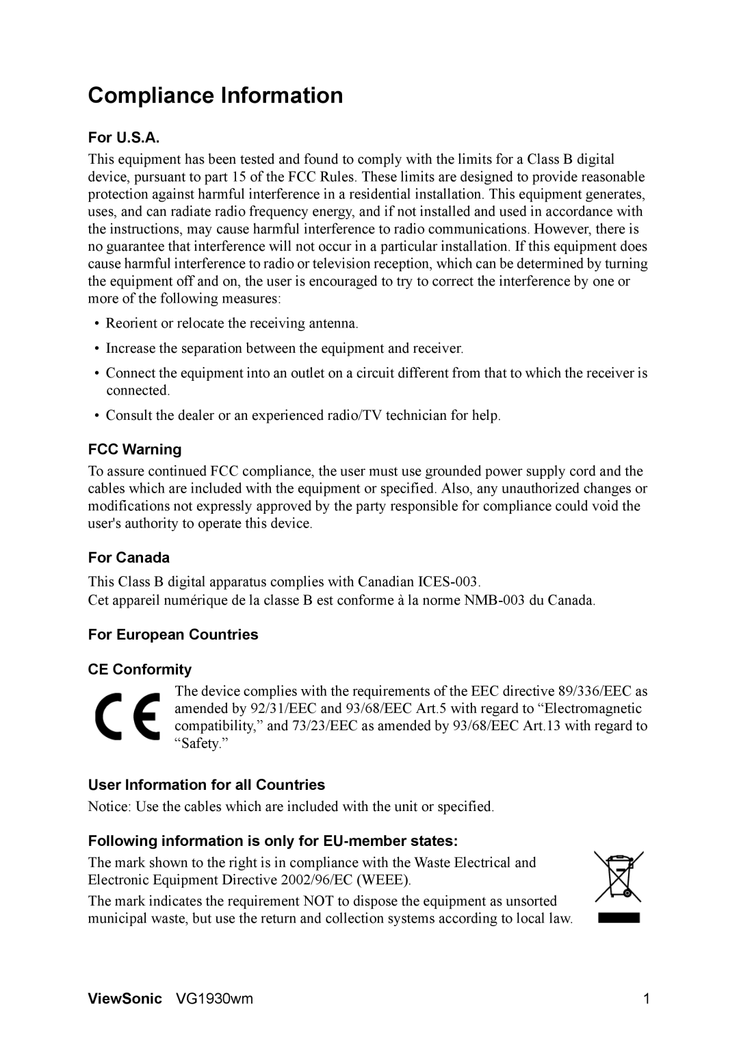 ViewSonic VG1930wm manual Compliance Information, For U.S.A, FCC Warning, For Canada, For European Countries CE Conformity 