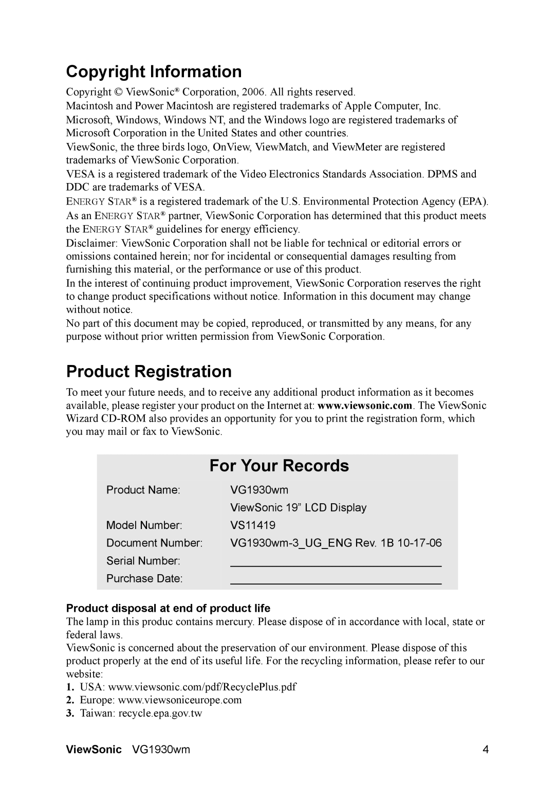 ViewSonic VG1930wm Copyright Information, Product Registration For Your Records, Product disposal at end of product life 