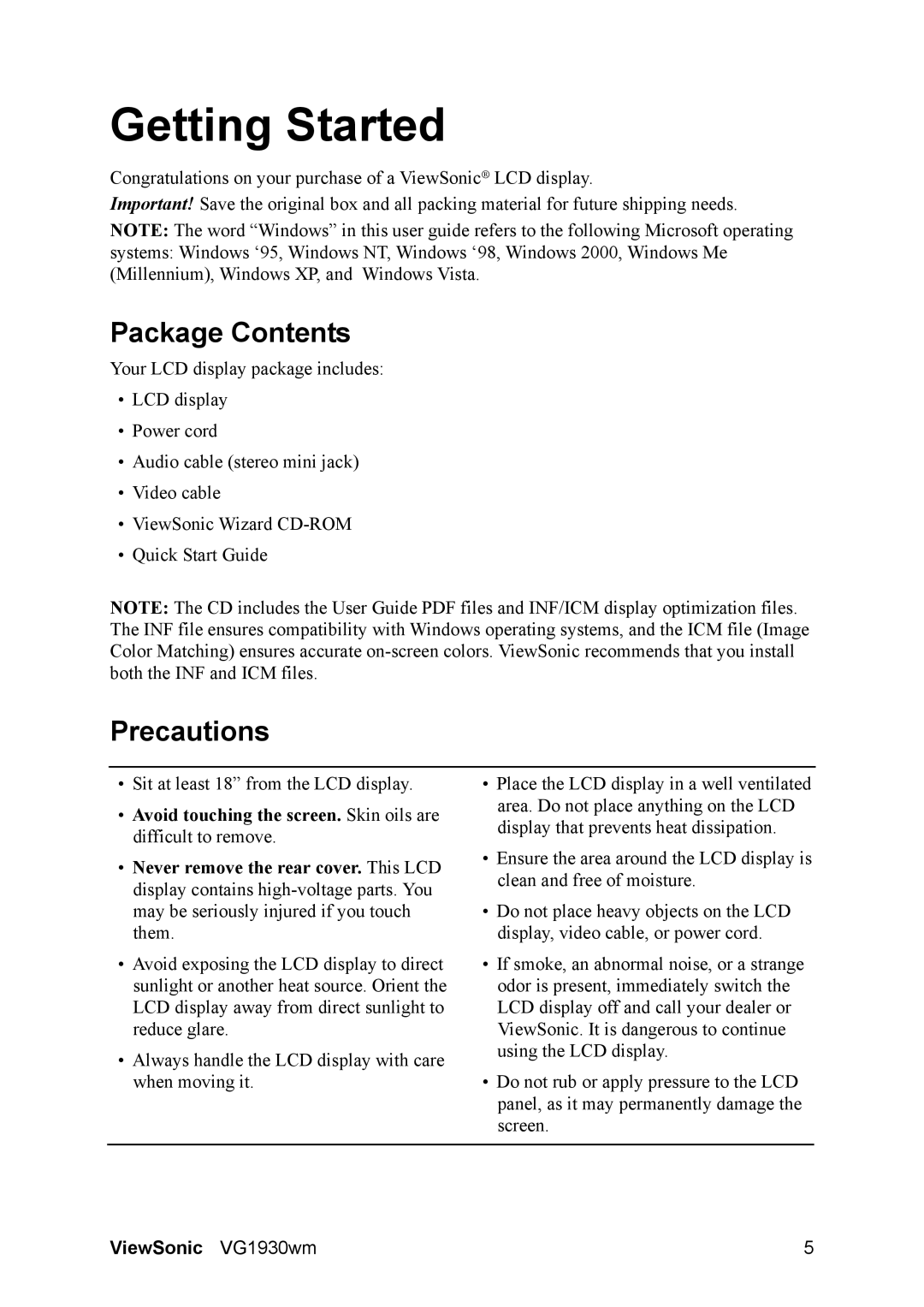 ViewSonic VG1930wm manual Getting Started, Package Contents, Precautions 