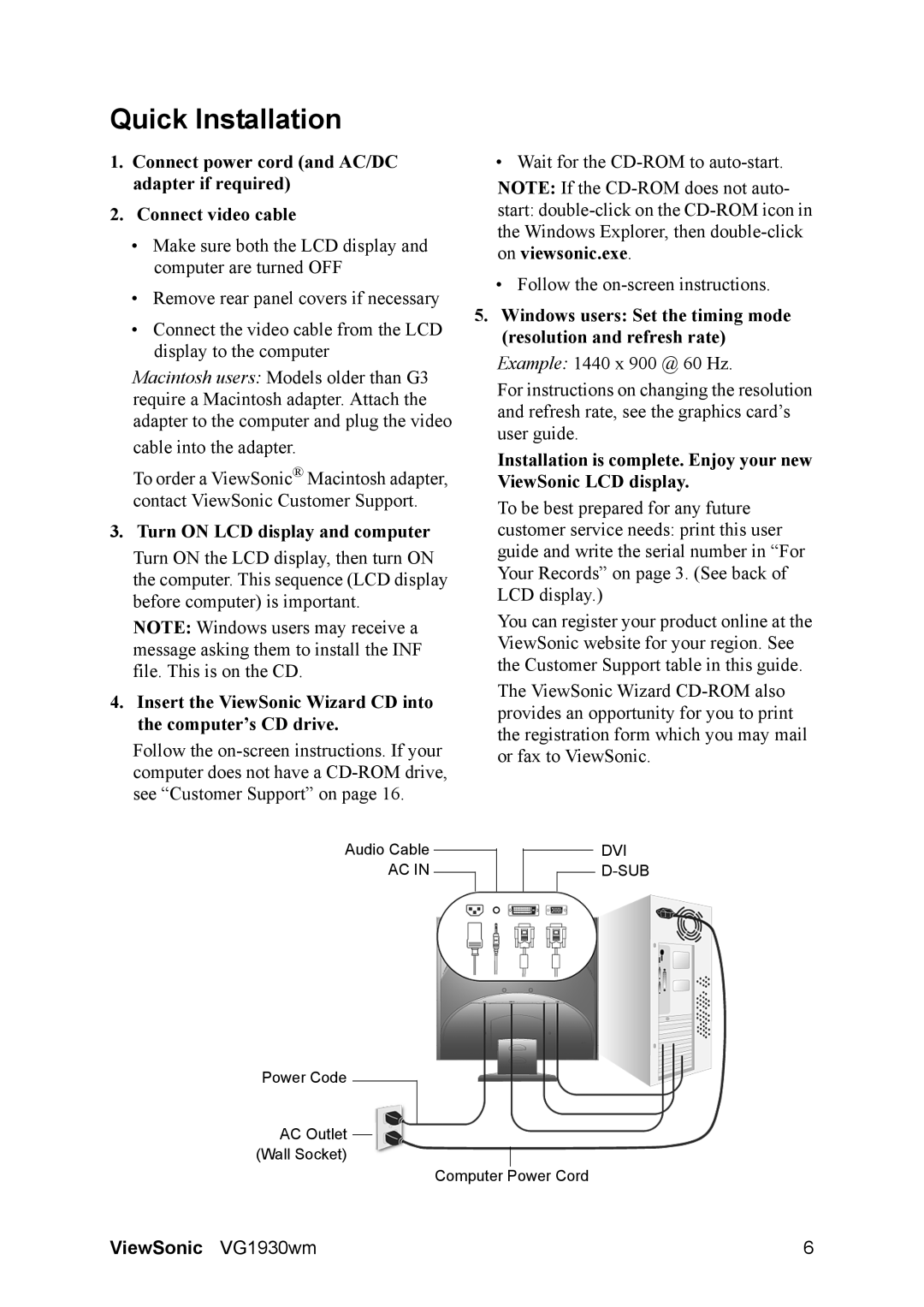 ViewSonic VG1930wm manual Quick Installation, Turn on LCD display and computer 