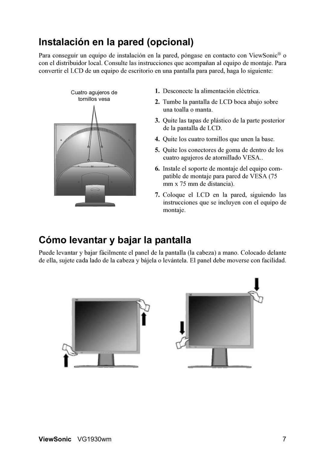 ViewSonic VG1930wm manual Instalación en la pared opcional, Cómo levantar y bajar la pantalla 