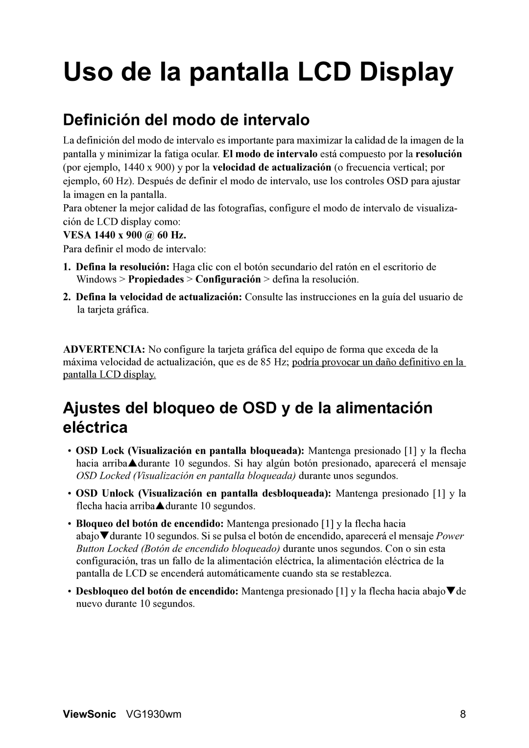 ViewSonic VG1930wm manual Uso de la pantalla LCD Display, Definición del modo de intervalo 