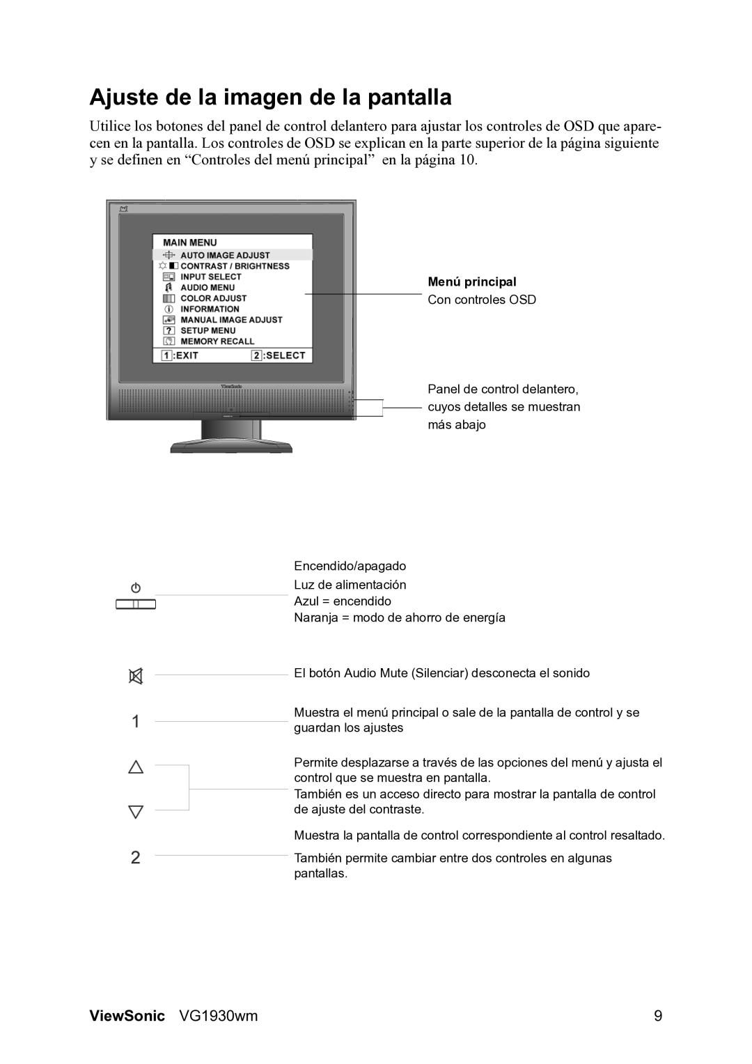 ViewSonic VG1930wm manual Ajuste de la imagen de la pantalla, Menú principal 