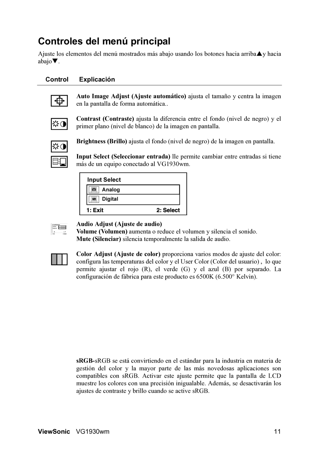 ViewSonic VG1930wm manual Controles del menú principal, Control Explicación 