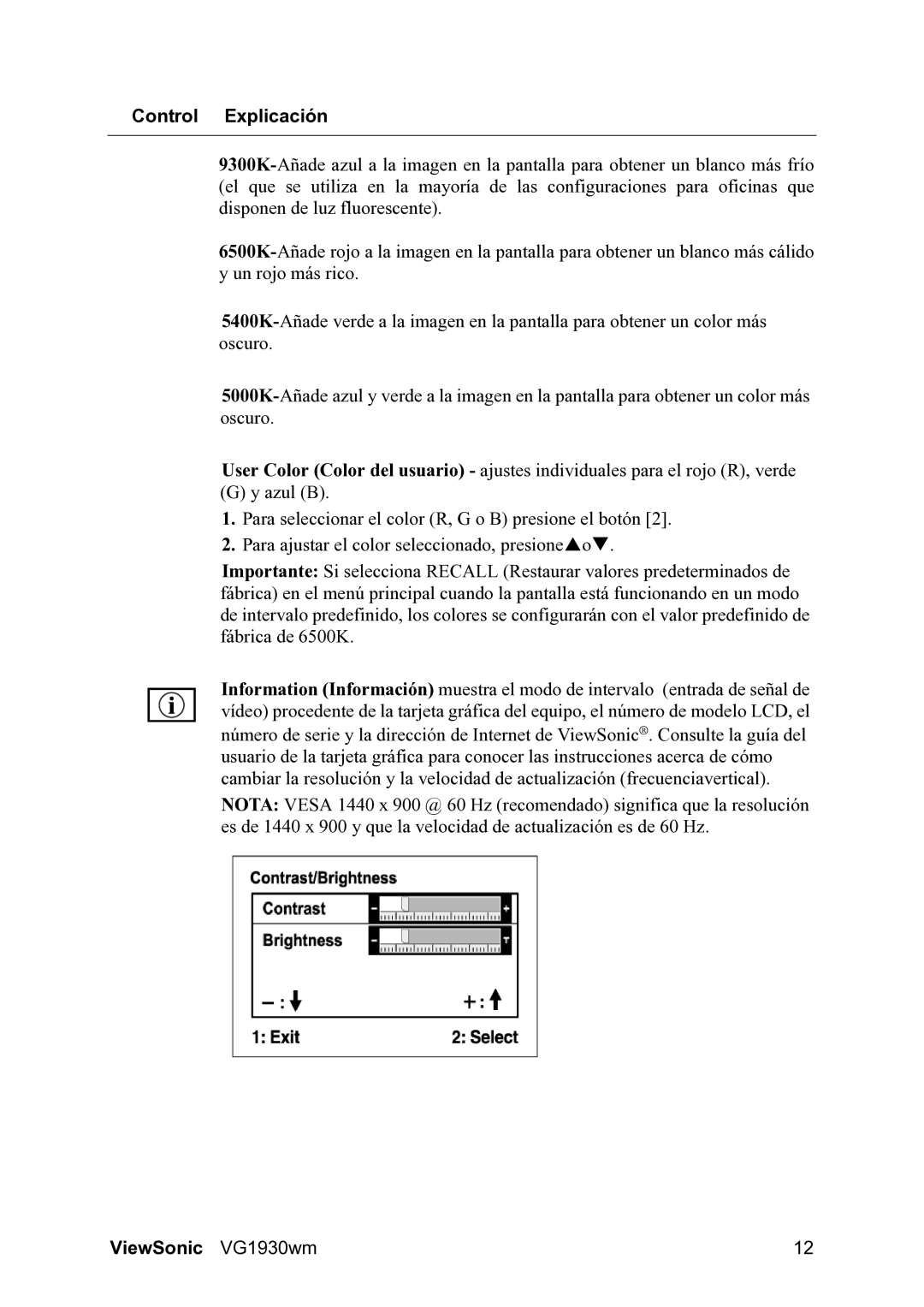 ViewSonic VG1930wm manual Control Explicación 