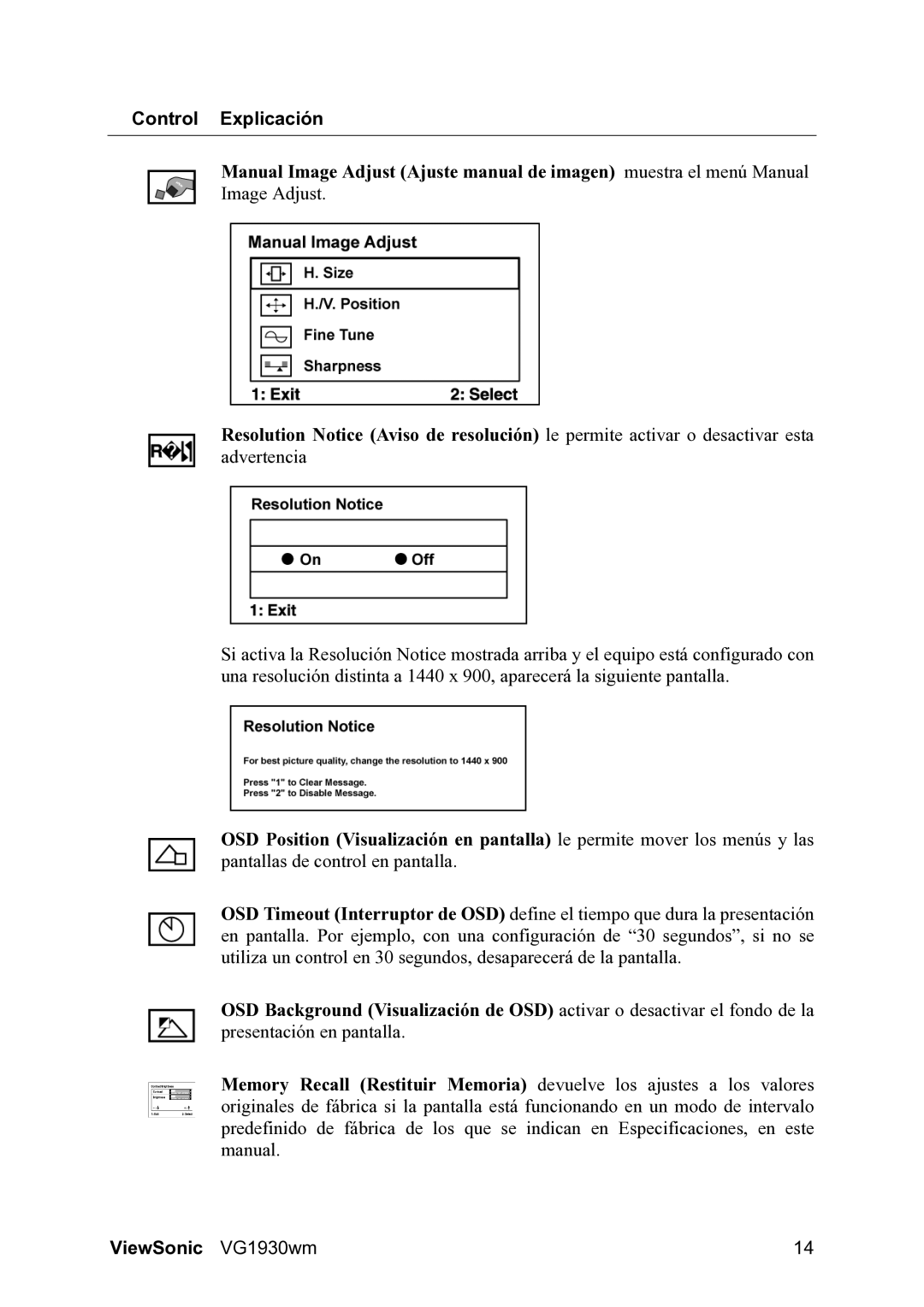 ViewSonic VG1930wm manual Control Explicación 