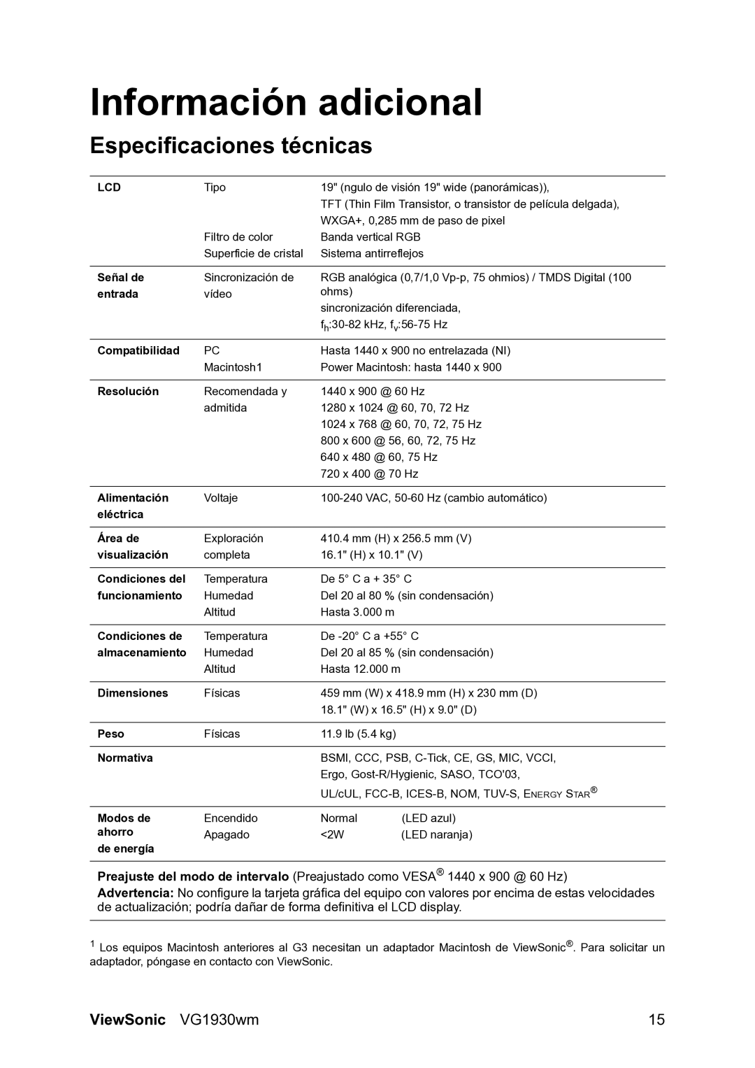 ViewSonic VG1930wm manual Información adicional, Especificaciones técnicas 