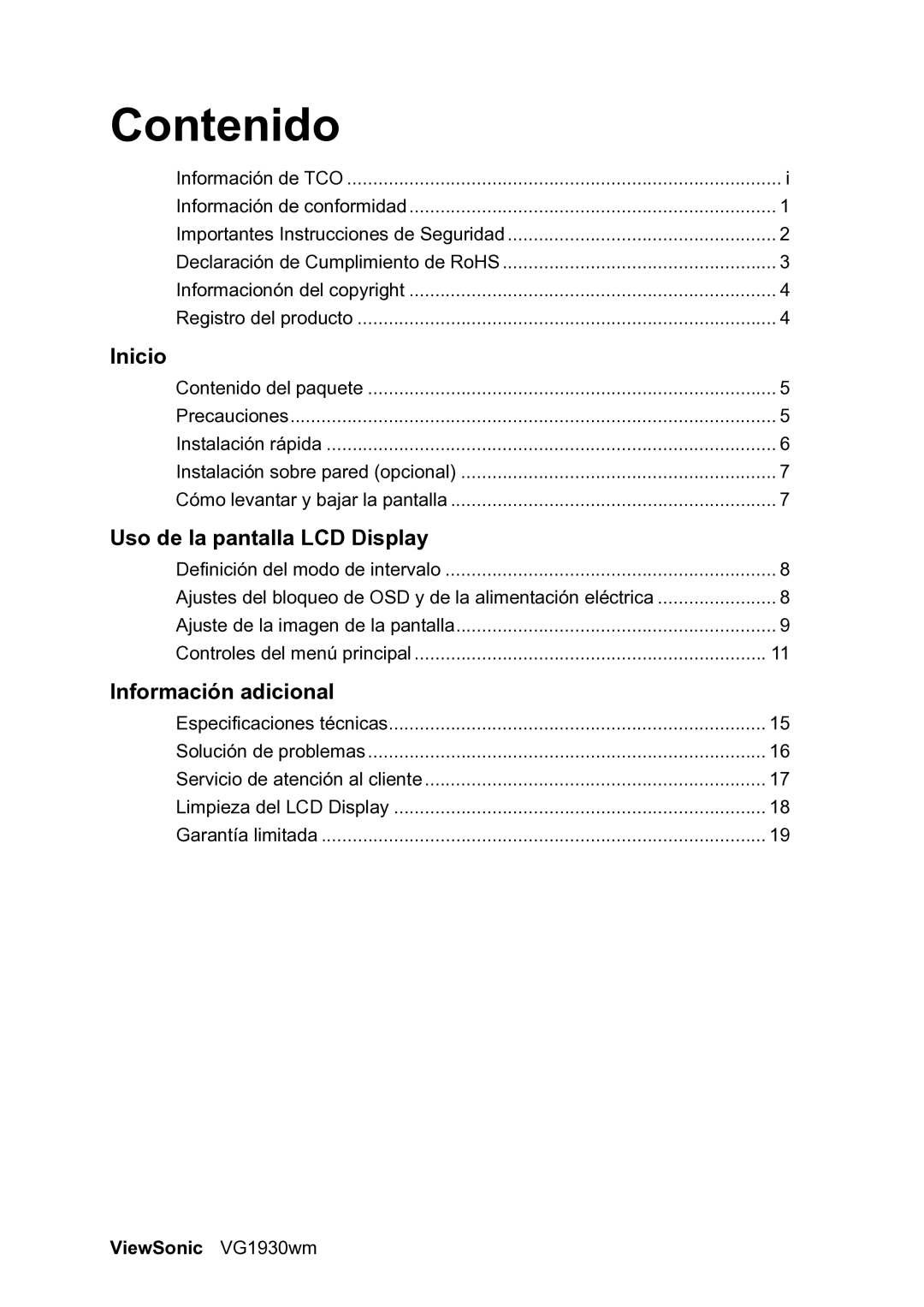 ViewSonic manual Contenido, ViewSonic VG1930wm 