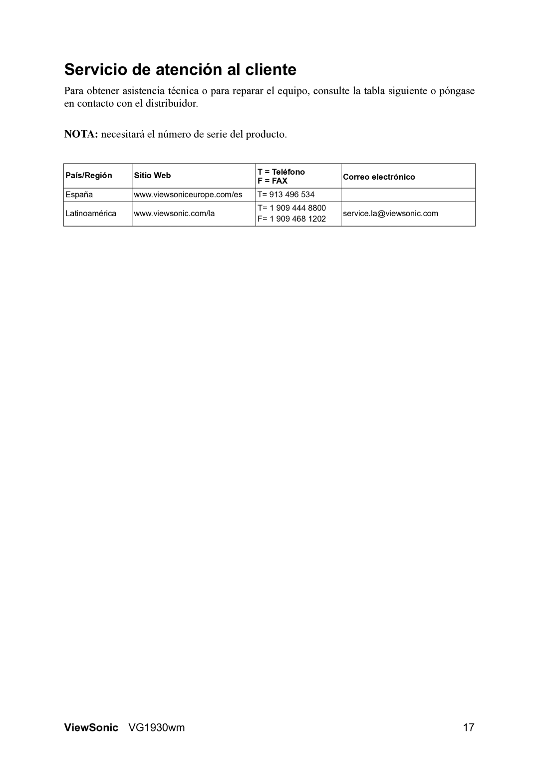 ViewSonic VG1930wm manual Servicio de atención al cliente 