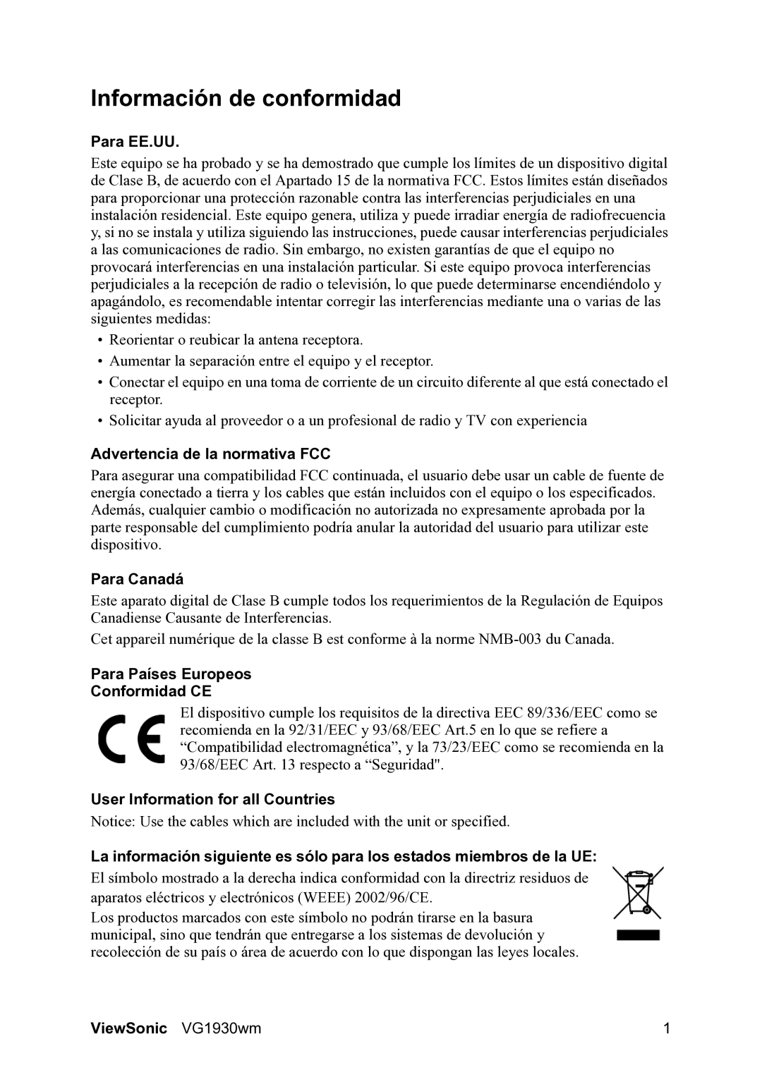 ViewSonic VG1930wm manual Información de conformidad, Para EE.UU, Advertencia de la normativa FCC, Para Canadá 