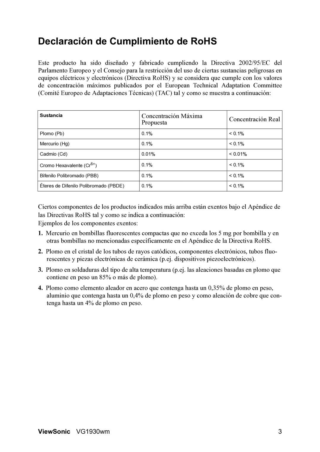 ViewSonic VG1930wm manual Declaración de Cumplimiento de RoHS, Concentración Máxima Concentración Real Propuesta 