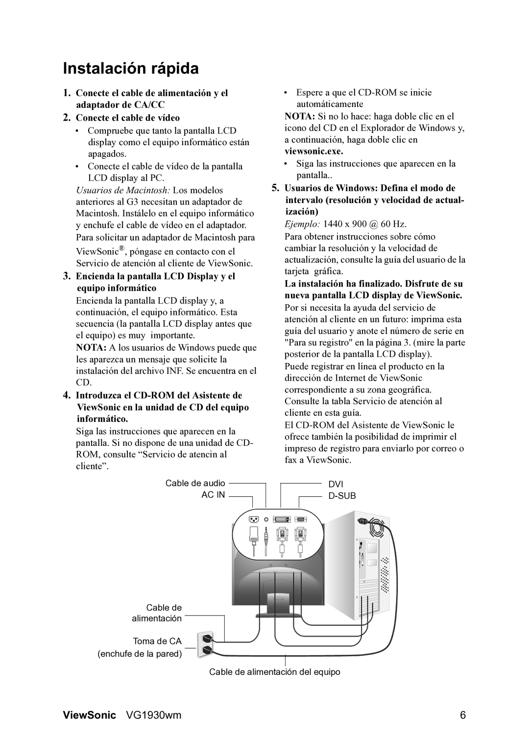 ViewSonic VG1930wm manual Instalación rápida, Encienda la pantalla LCD Display y el equipo informático 