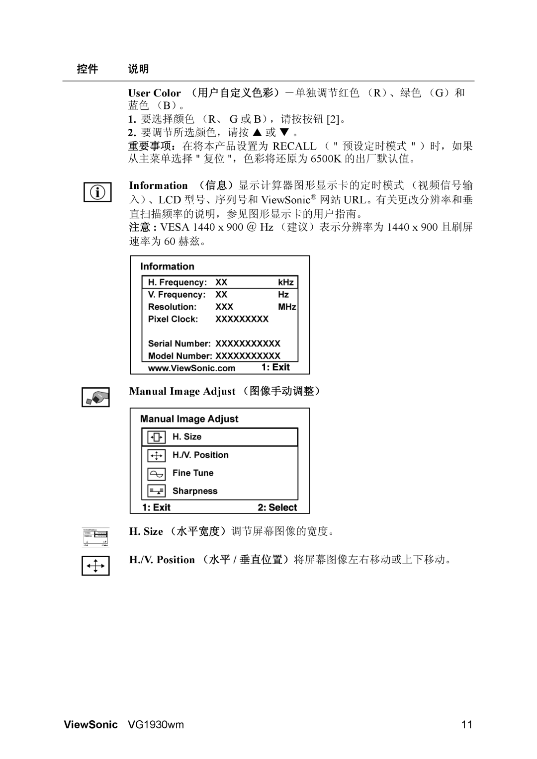 ViewSonic VG1930wm manual Manual Image Adjust （图像手动调整）, Position （水平 / 垂直位置）将屏幕图像左右移动或上下移动。 