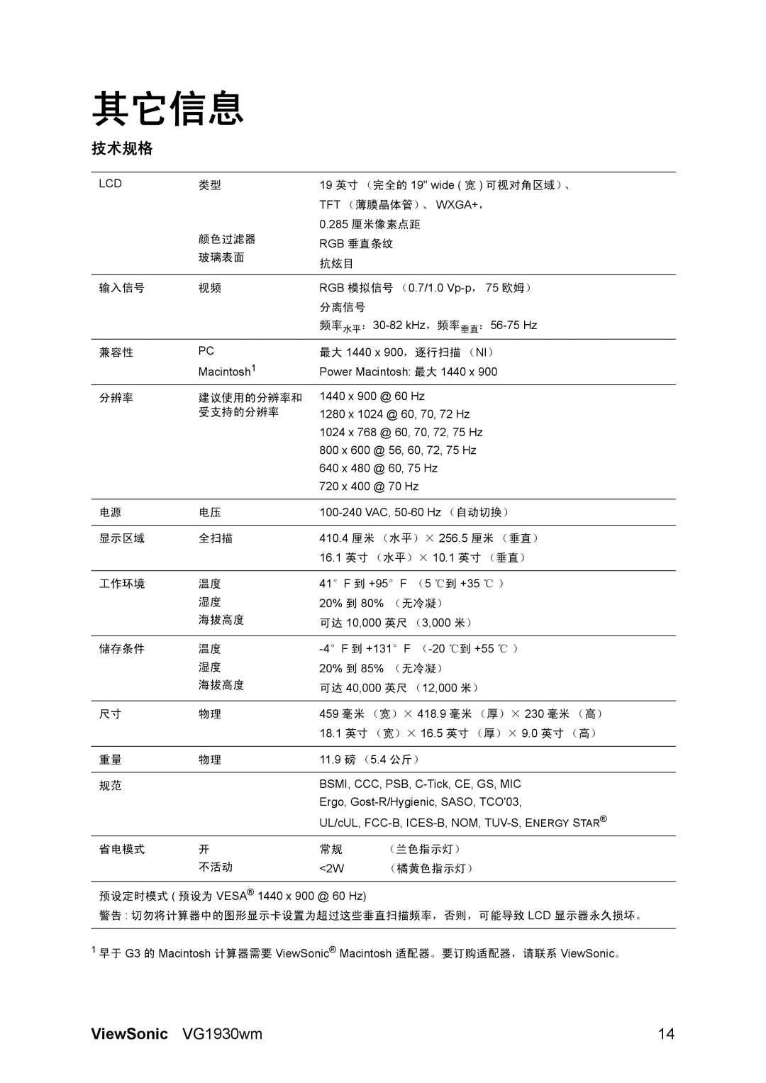 ViewSonic VG1930wm manual 其它信息, 技术规格 