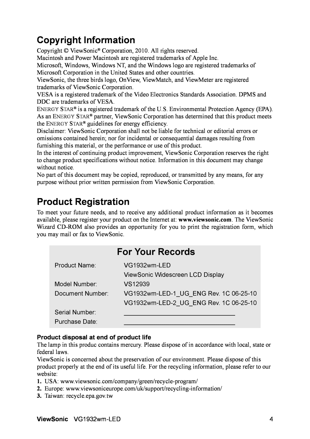 ViewSonic VS12939 Copyright Information, Product Registration, For Your Records, Product disposal at end of product life 