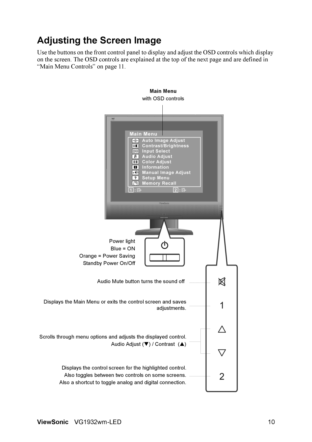 ViewSonic VS12939, VG1932WM-LED warranty Adjusting the Screen Image, Main Menu 