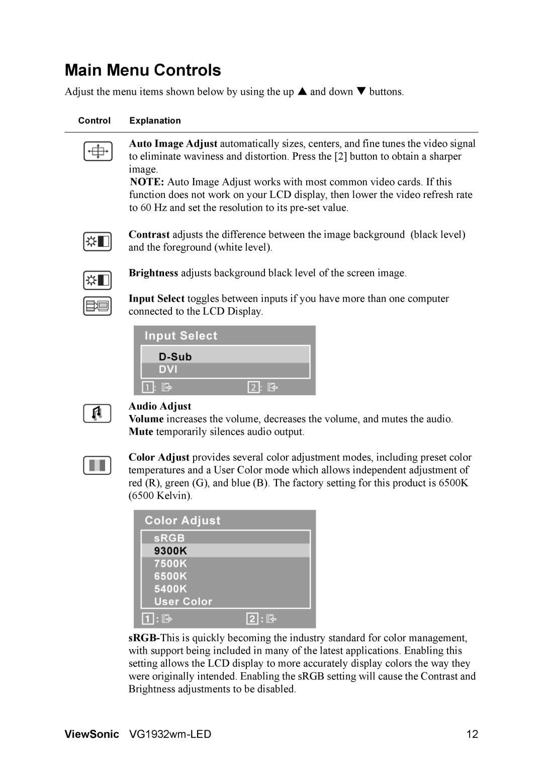 ViewSonic VS12939, VG1932WM-LED warranty Main Menu Controls, Audio Adjust 