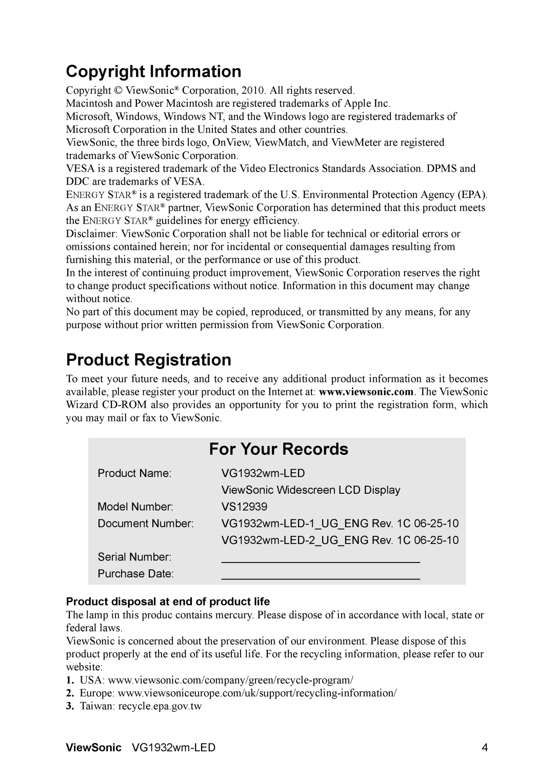 ViewSonic VS12939 Copyright Information, Product Registration For Your Records, Product disposal at end of product life 