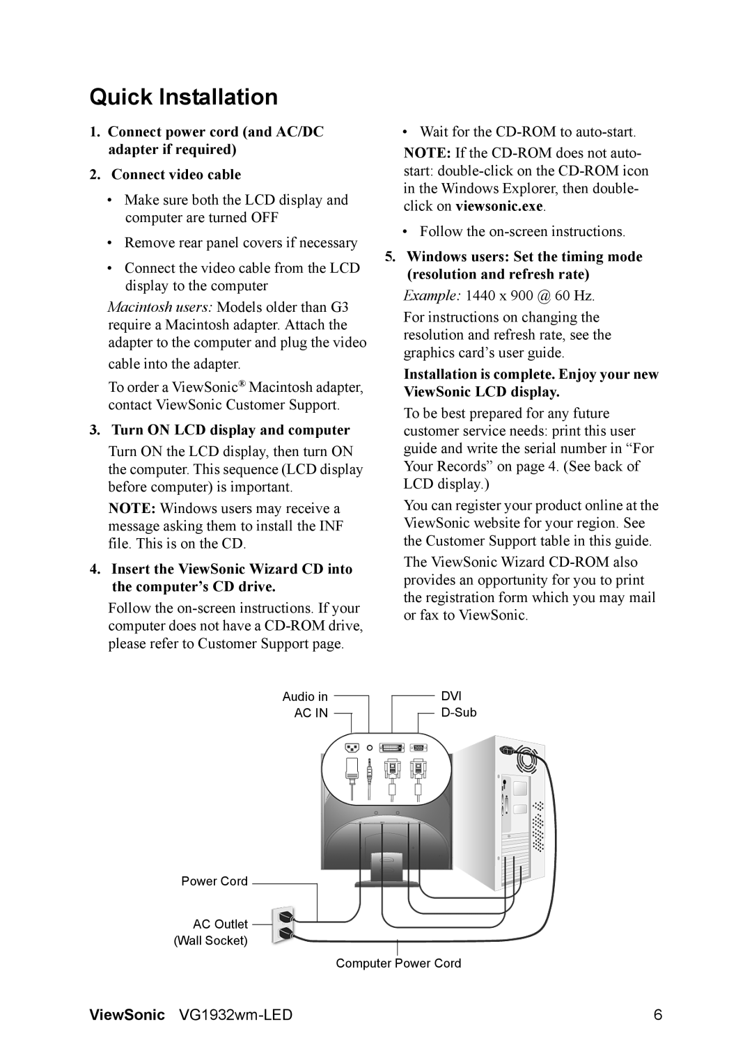 ViewSonic VS12939, VG1932WM-LED warranty Quick Installation, Turn on LCD display and computer 