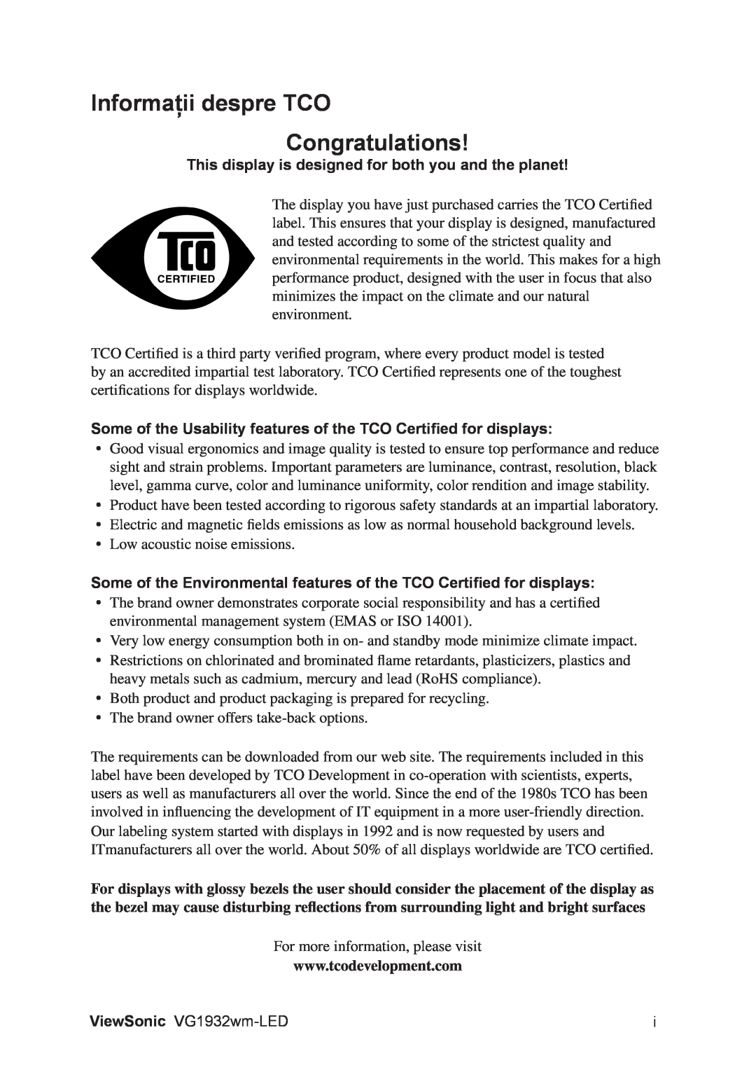ViewSonic VG1932WM-LED manual Informaţii despre TCO Congratulations 