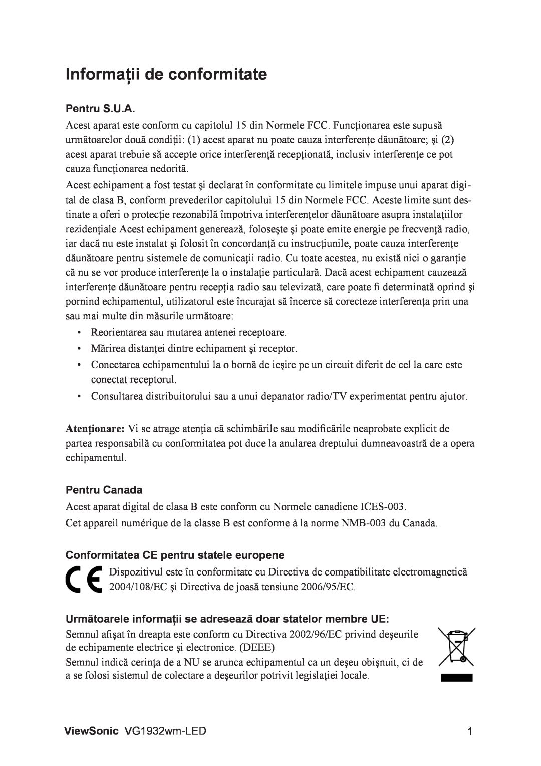ViewSonic VG1932WM-LED Informaţii de conformitate, Pentru S.U.A, Pentru Canada, Conformitatea CE pentru statele europene 