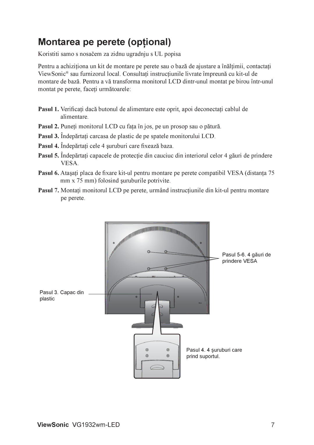 ViewSonic VG1932WM-LED manual Montarea pe perete opţional 