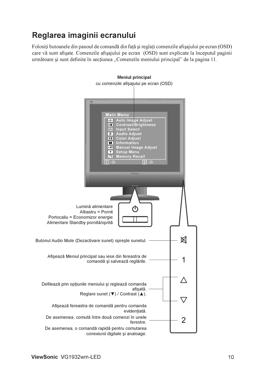 ViewSonic VG1932WM-LED manual Reglarea imaginii ecranului, Meniul principal 