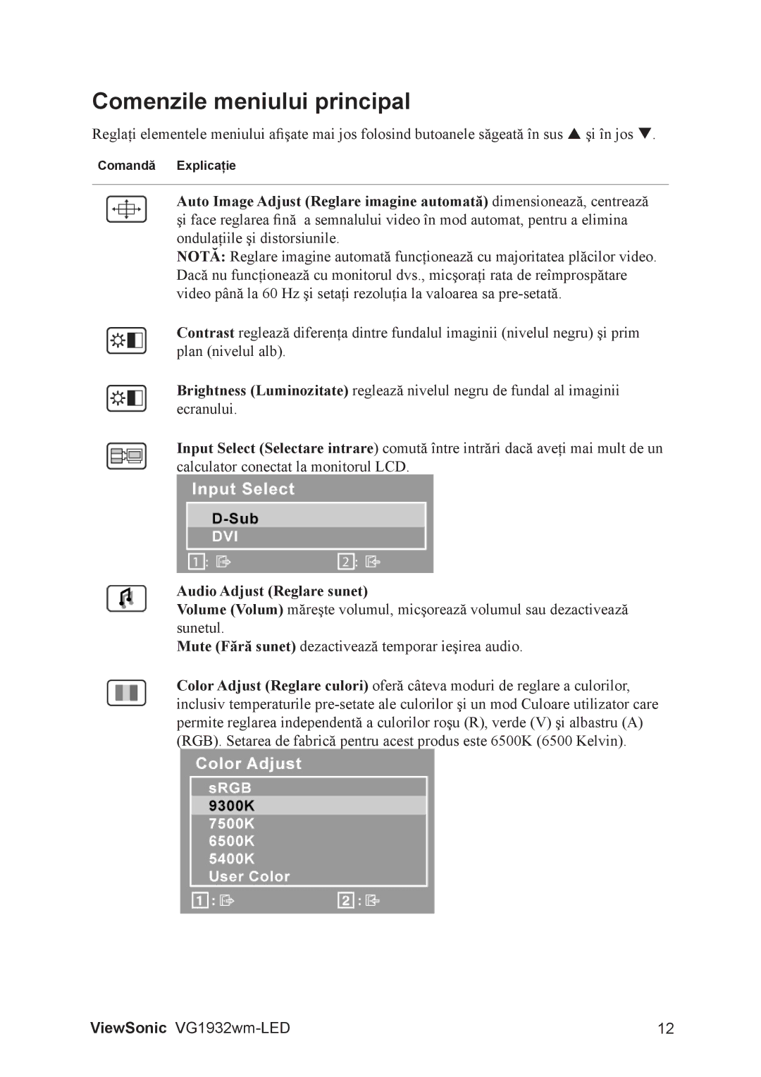 ViewSonic VG1932WM-LED manual Comenzile meniului principal, Audio Adjust Reglare sunet 