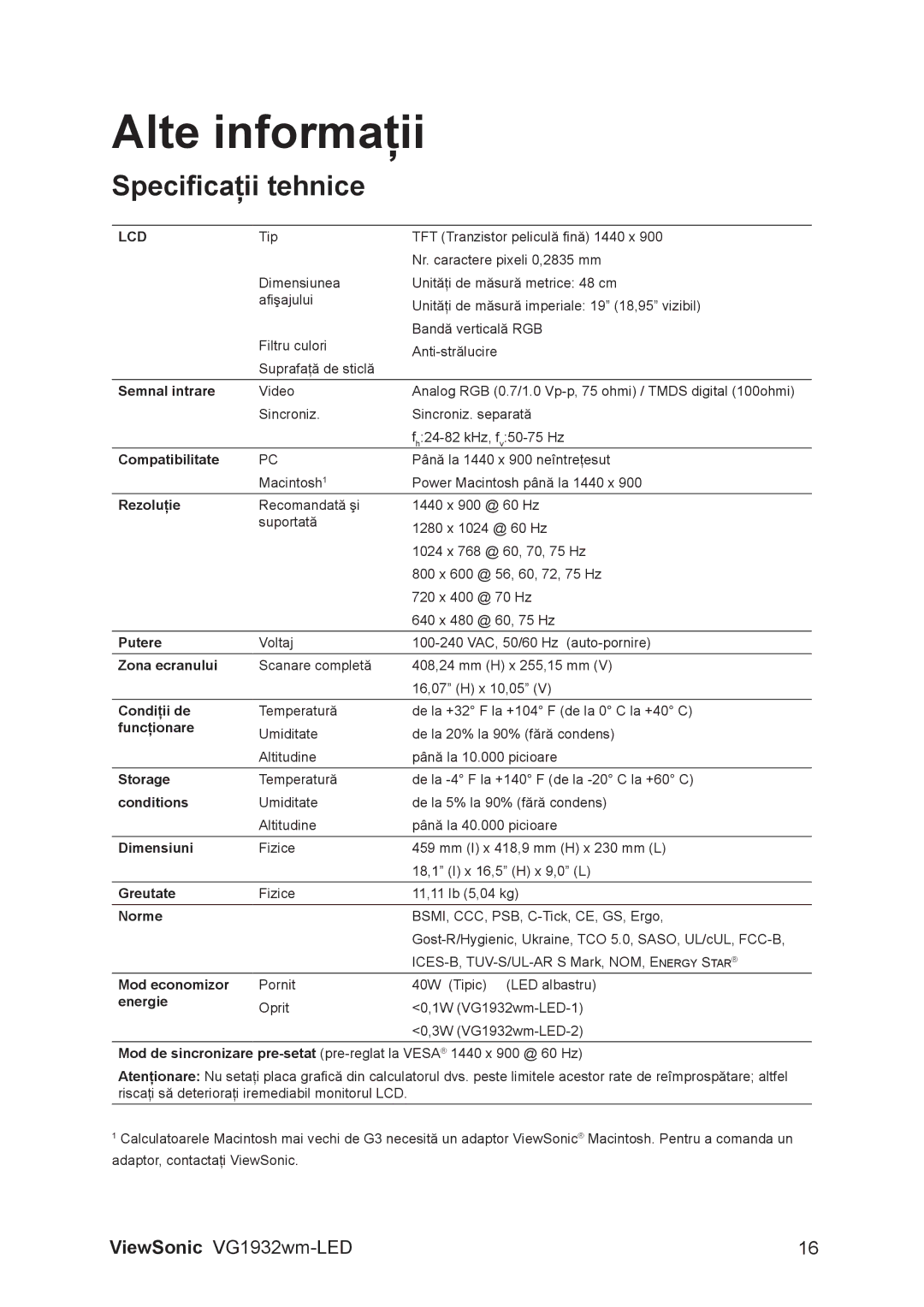 ViewSonic VG1932WM-LED manual Alte informaţii, Specificaţii tehnice 