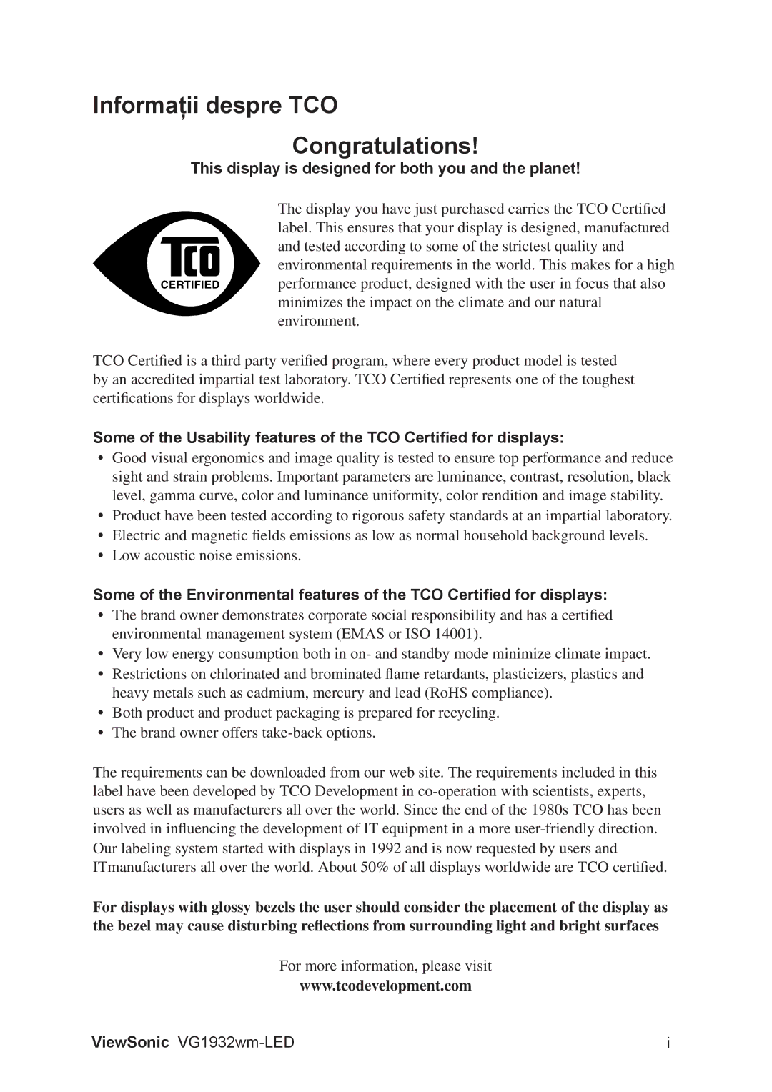 ViewSonic VG1932WM-LED manual Informaţii despre TCO Congratulations, This display is designed for both you and the planet 