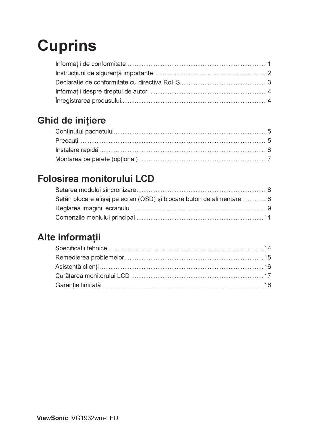 ViewSonic VG1932WM-LED manual Ghid de iniţiere, Folosirea monitorului LCD, Alte informaţii 