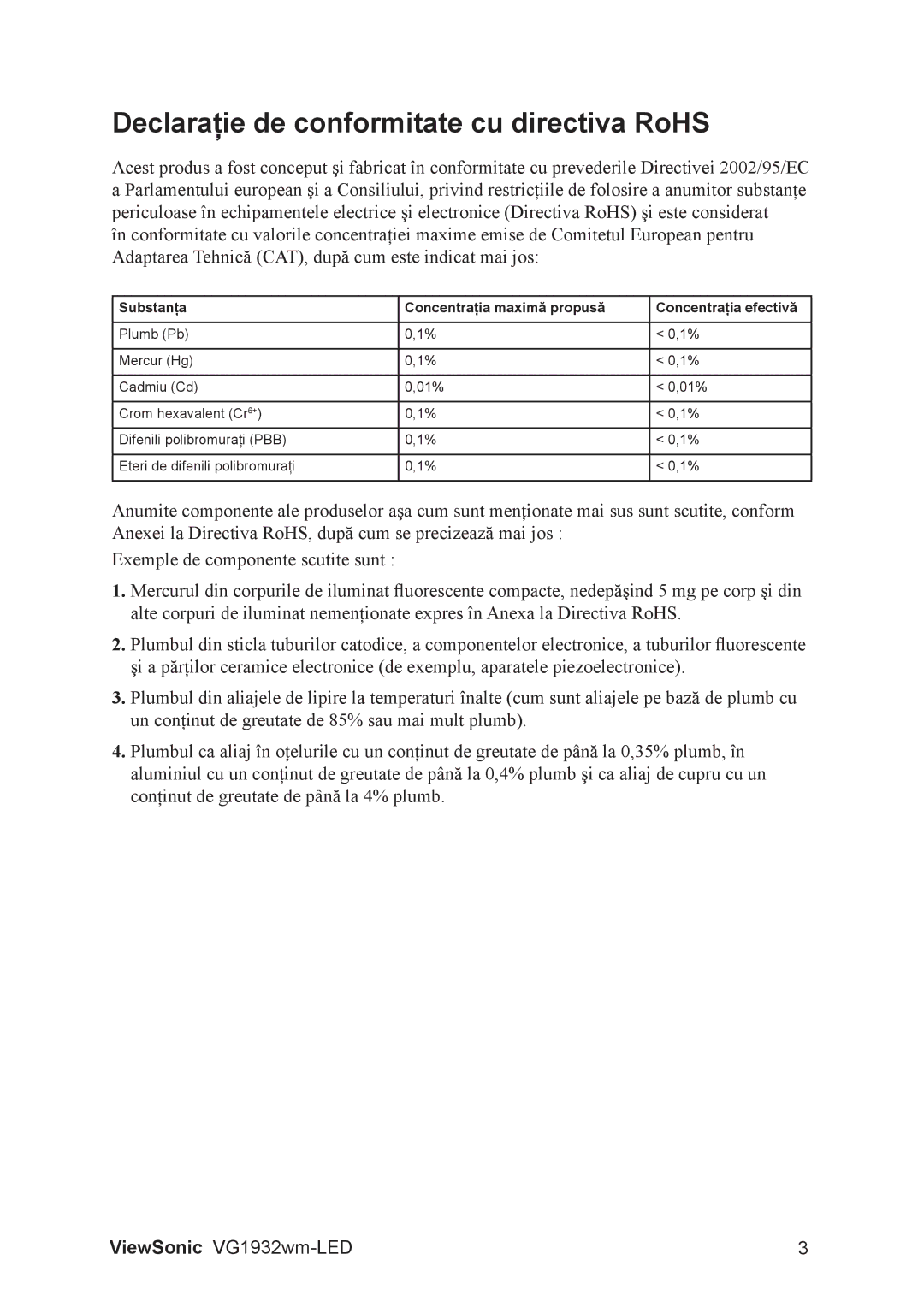 ViewSonic VG1932WM-LED manual Declaraţie de conformitate cu directiva RoHS 