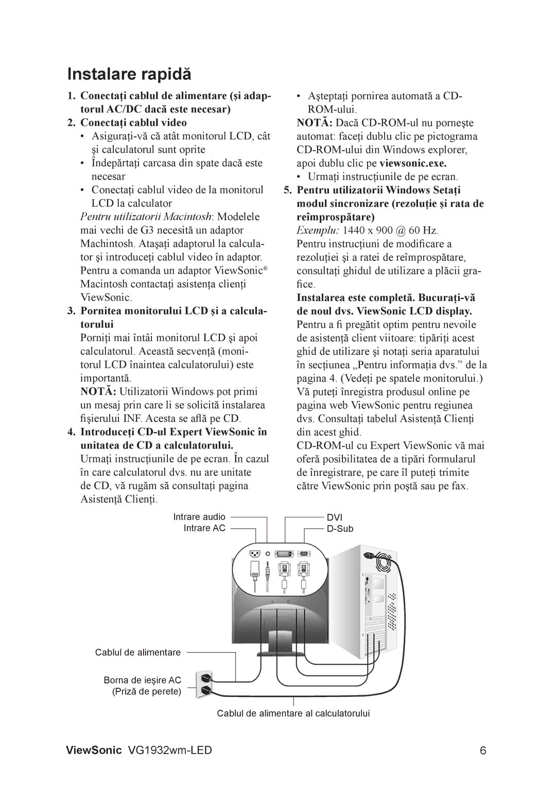 ViewSonic VG1932WM-LED manual Instalare rapidă, Pornitea monitorului LCD şi a calcula- torului 