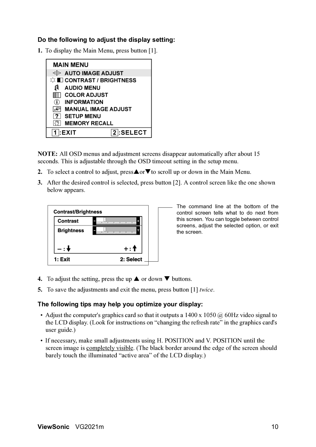 ViewSonic VG2021m manual Do the following to adjust the display setting, Following tips may help you optimize your display 