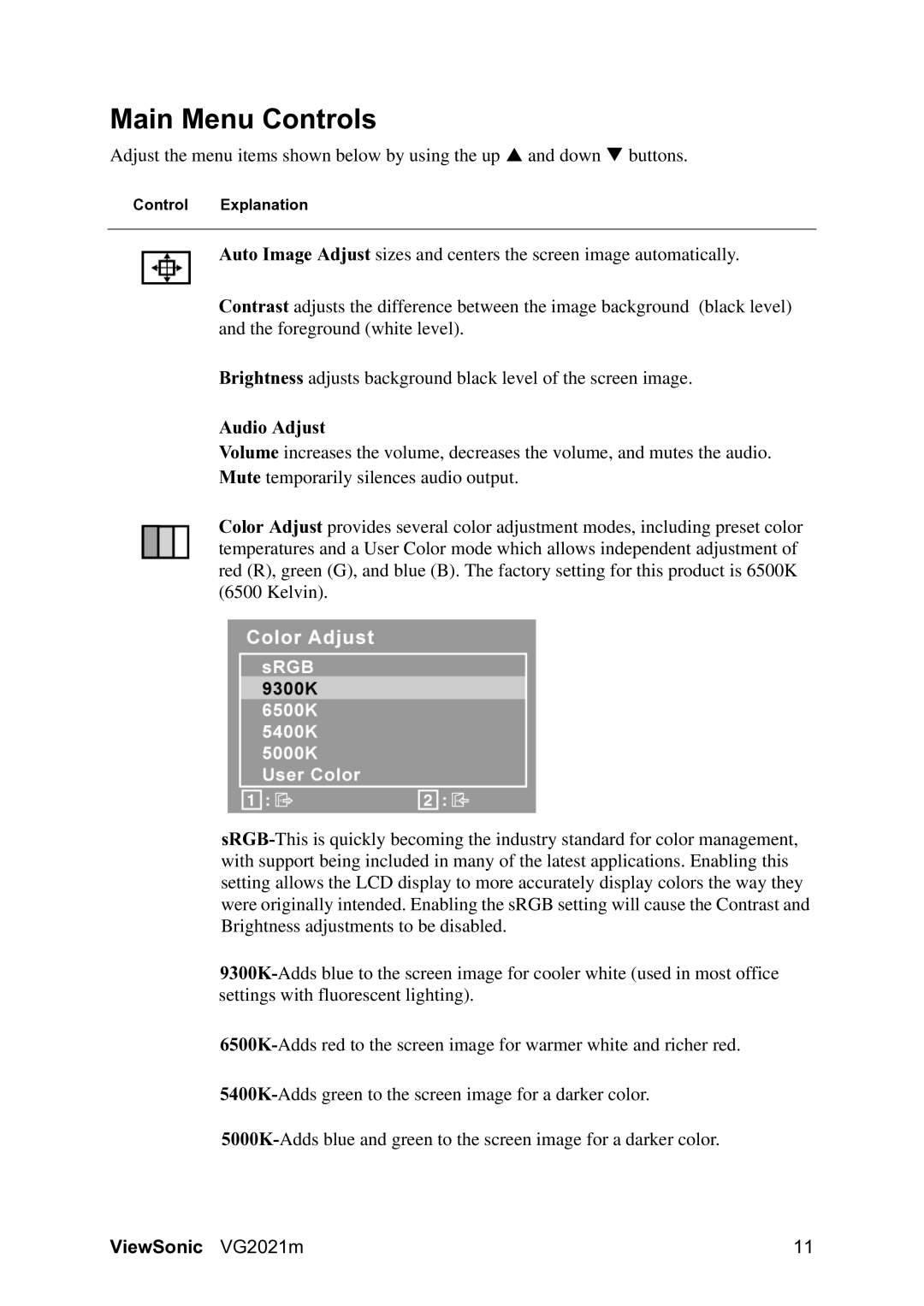 ViewSonic VG2021m manual Main Menu Controls, Audio Adjust 