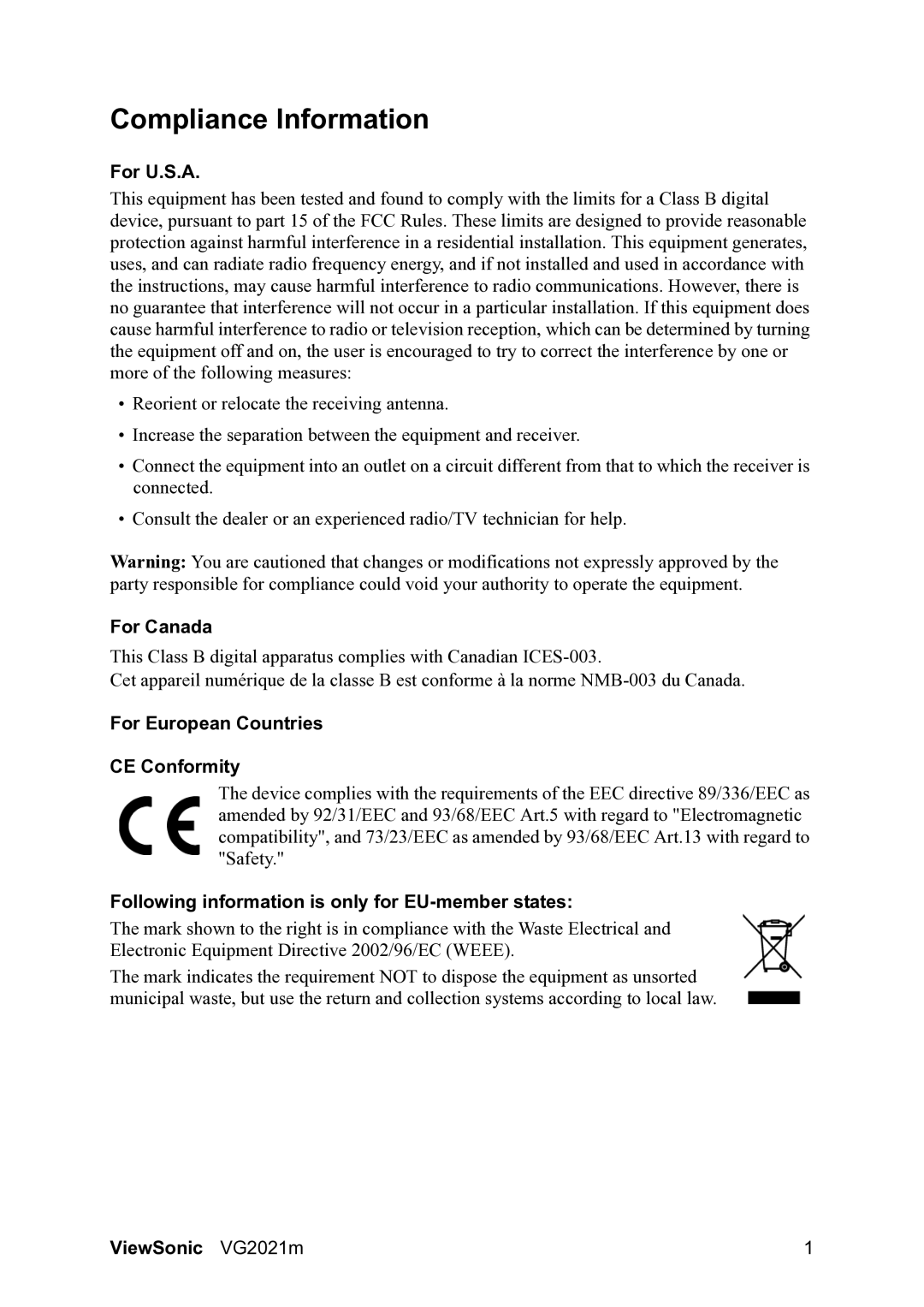 ViewSonic VG2021m manual Compliance Information, For U.S.A, For Canada, For European Countries CE Conformity 